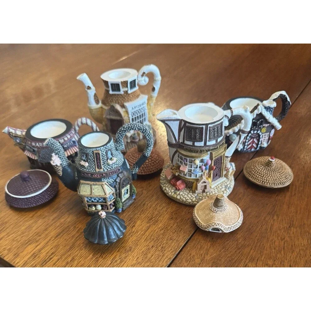 Hometown Teapot Cottages Lot of 5 Teapot Trinket Boxes Hardware Ice Cream Antiqu